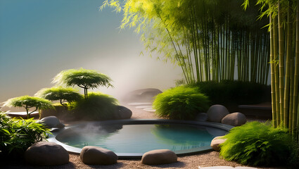 A peaceful, -inspired garden with a koi pond and bamboo plants