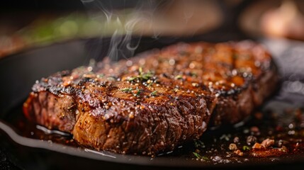 A beautifully seared steak on a hot cast iron skillet, close-up of the sizzle 