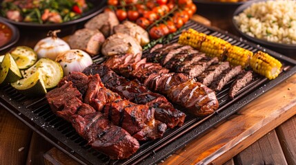 A Brazilian churrasco barbecue with grilled meats, vegetables, and lively atmosphere