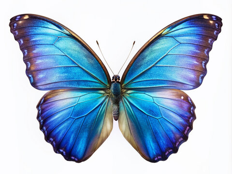 Vibrant iridescent blue wings of a Morpho cypris butterfly unfold against a pristine white background, showcasing its delicate features and striking coloration in precise detail.