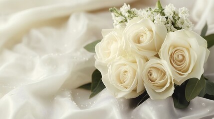 Elegant bouquet of white roses with delicate flowers.