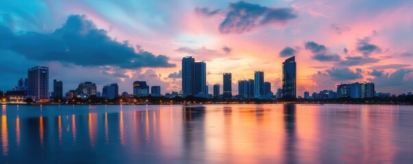 Obraz premium A breathtaking panoramic view of a vibrant city skyline at dusk