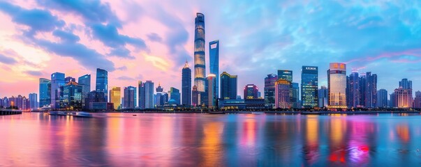 Fototapeta premium A breathtaking panoramic view of a vibrant city skyline at dusk
