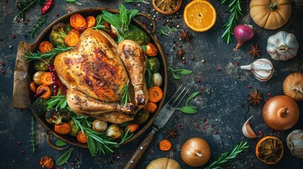 Roasted Whole Chicken or Turkey with Autumn Vegetables on Wooden Background - Happy Thanksgiving Holiday Dinner