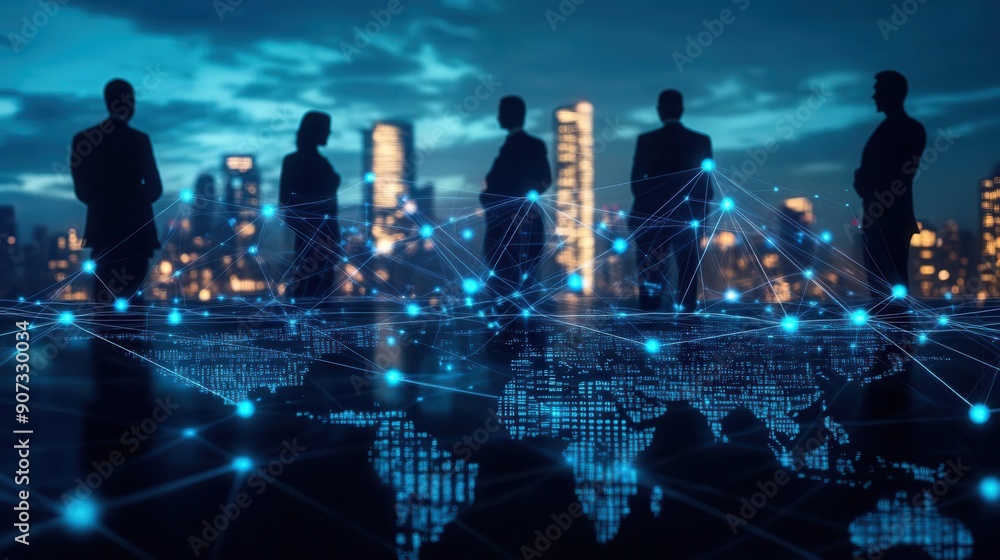 Aufkleber global network visualization with interconnected nodes and business data overlay, silhouetted busine