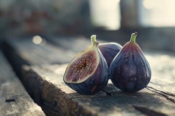 Fresh green figs sit atop a rustic wooden table, perfect for a still life photograph or fruit arrangement