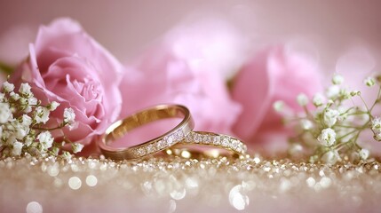 Elegant rings beside pink roses and white flowers bouquet.