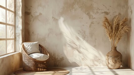 Sunlit minimalist room with a cozy wicker chair, plush pillows, and a decorative vase with dried plants against a textured wall.