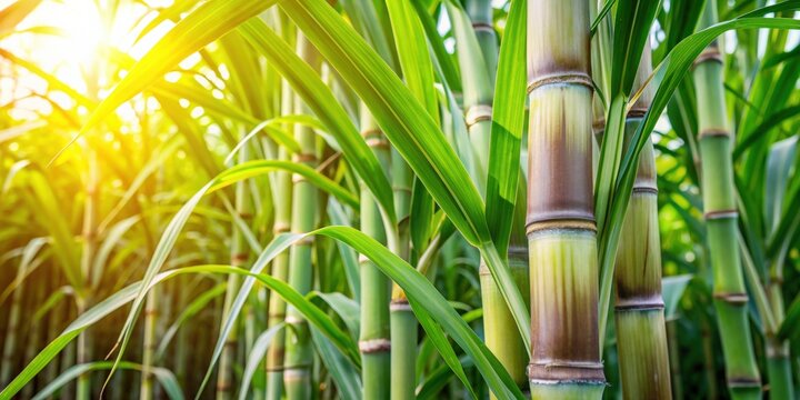Close up of sugar cane plant with fresh green leaves and tall stalk, sugar cane, plant, agriculture, tropical, close-up, green