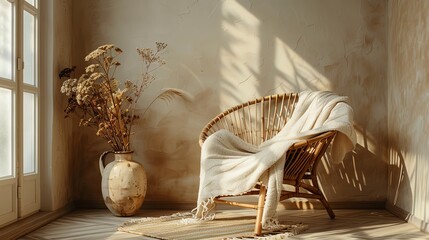 Cozy living room corner with a wicker chair draped in a soft blanket and dried flowers in a ceramic vase, basking in natural sunlight.