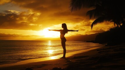 Silhouette of a Woman at Sunset on a Beach