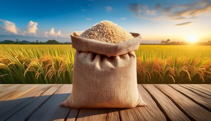 "Harvest Glory: Burlap Sack of Rice Amidst Lush Paddy Fields"