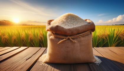"Harvest Glory: Burlap Sack of Rice Amidst Lush Paddy Fields"