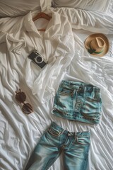 A pair of jeans, a hat, sunglasses, and a camera sit on a bed, ready for adventure