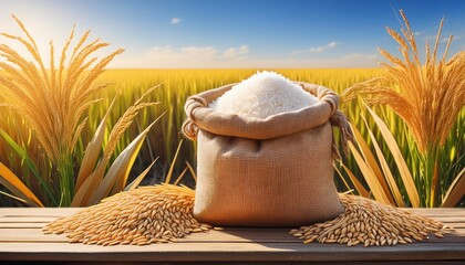 "Harvest Glory: Burlap Sack of Rice Amidst Lush Paddy Fields"