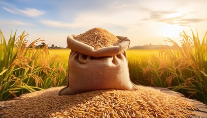 "Harvest Glory: Burlap Sack of Rice Amidst Lush Paddy Fields"