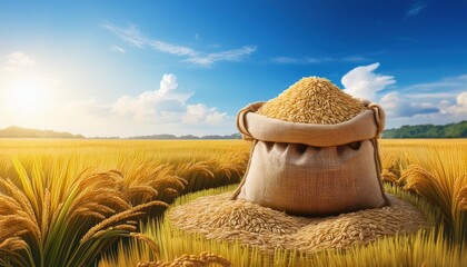 "Harvest Glory: Burlap Sack of Rice Amidst Lush Paddy Fields"