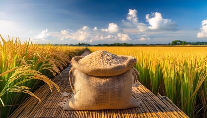 "Harvest Glory: Burlap Sack of Rice Amidst Lush Paddy Fields"
