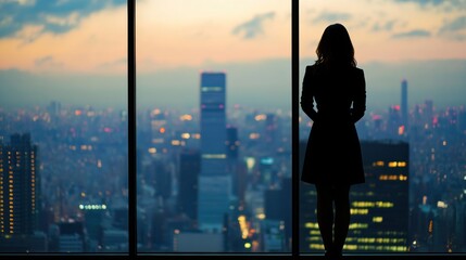 Plakat Silhouette of a Woman Looking Out of Window at Cityscape