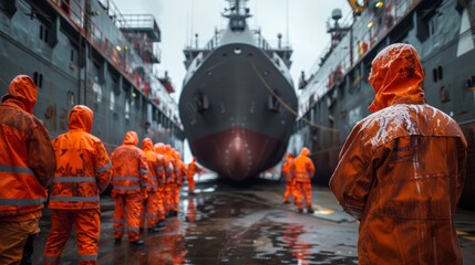 Naklejka premium A team of engineers conducting a stress test on a newly built ship's hull to ensure durability.