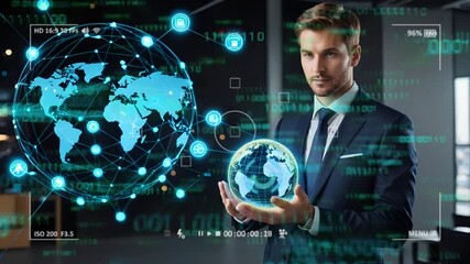 Businessman analyzing digital globe with data overlays in futuristic office environment - Powered by Adobe