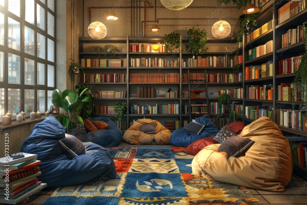 Aufkleber study space with abundant reading material and comfortable seating options
