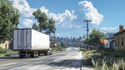 Semi-Truck Driving Through a Suburban Street