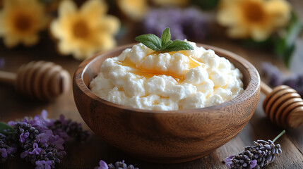 A wooden bowl of creamy white food, topped with honey and mint leaves.
