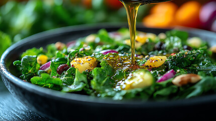 A dark bowl of kale salad with beans mango and nuts. Dressing is being poured.