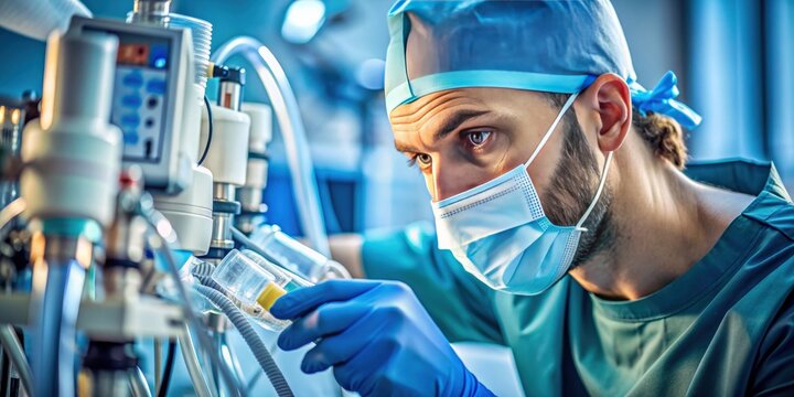 Close-up of a focused anesthesiologist adjusting anesthesia equipment in a cinematic style, anesthesiologist