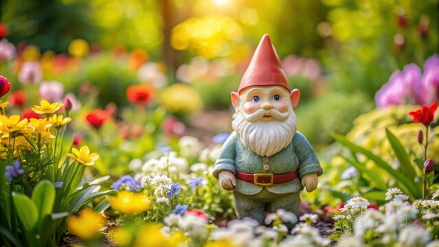 Garden gnome standing among flowers in a lush garden, gnome, garden, flowers, foliage, statue, decoration, outdoor, whimsical