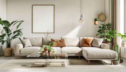 Modern Living Room Interior Design with a Beige Sectional Sofa and Plants
