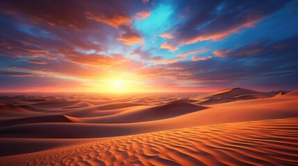 Desert landscape with dramatic sand dunes and a vivid sunset