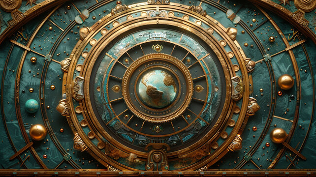 Intricate steampunk globe design with celestial elements in a fantasy setting