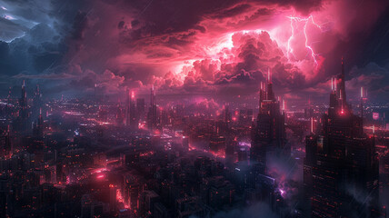 Fototapeta premium City skyline illuminated by thunderous storm afterglow at dusk