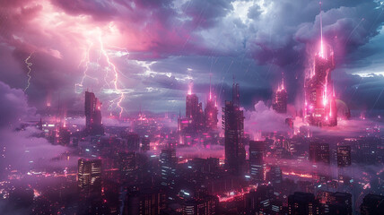 Fototapeta premium Dramatic lightning illuminates neon cityscape under ominous clouds at dusk