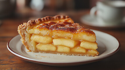 A slice of apple pie on a plate with a golden crust and visible apple filling