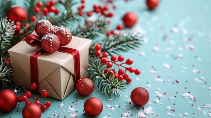 New Year Promotion with Gift Box & Christmas Elements for Retail & Christmas Advertising: Red Ball Ornaments Vector Illustration EPS