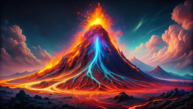 Neon lava flowing from abstract 16k volcano, creating mesmerizing art, neon, lava, abstract, 16k, volcano, mesmerizing, art