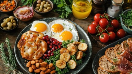 Rustic Family Brunch: Overhead View of Breakfast Set on Wooden Table with Copy Space