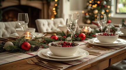 Christmas Dinner Set-Up: Elegant Dining Table with Festive Decorations
