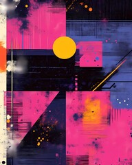 Abstract geometric art with pink, yellow, and blue hues.