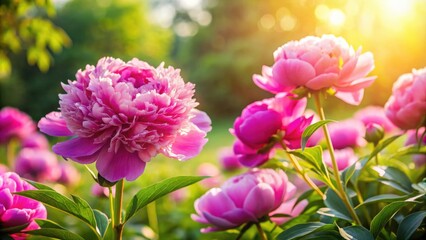 Fototapeta premium Big blooming pink peony flowers in a sunny garden on a spring day, Peony, Sorbet, garden, sunny, day, Paeonia, Lactiflora