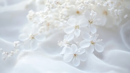 Fototapeta premium Delicate white flowers on soft fabric background image.