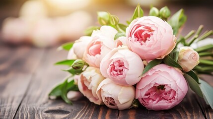 Bouquet of Pink Peonies on Wooden Surface with Sunlight