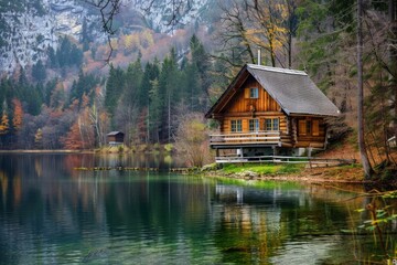Obraz premium Picturesque Cabin on a Tranquil Lake in Autumn