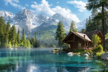 Fototapeta premium Mountain Cabin by the Tranquil Lake