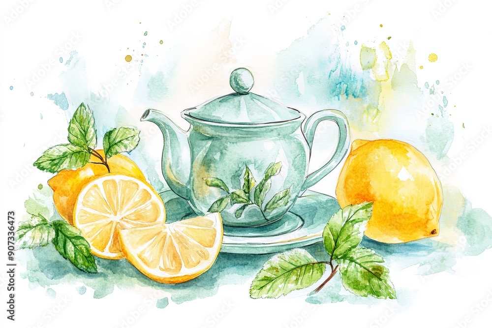 Sticker A watercolor composition showcasing an elegant teapot surrounded by fresh mint leaves, slices of lemon, and a tea cup