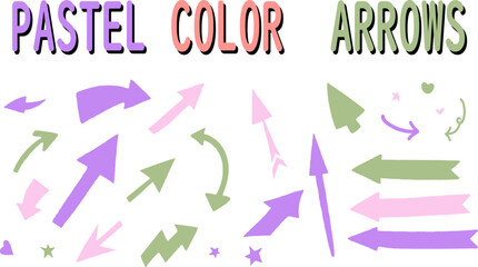 Stylish, cute, pastel-colored arrow set. Transparent material. Purple, pink, green, yellowish green.