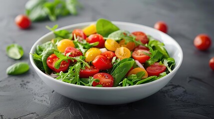 Fresh Green Salad with Tomatoes and Arugula in a White Bowl - Food Photography